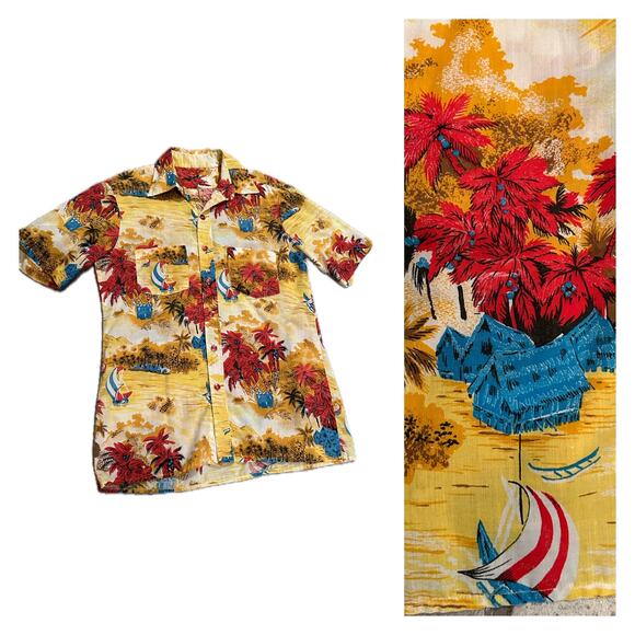 Vintage Hawaiian Button Down Beach Shirt Sailboats Tiki / Men’s Small * - Picture 1 of 4